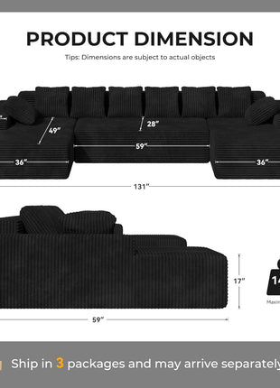 131-Inch Large U-Shaped Sectional Sofa with Chaise – Modular Deep Seat Lounger for Living Room and Bedroom, No Assembly Required