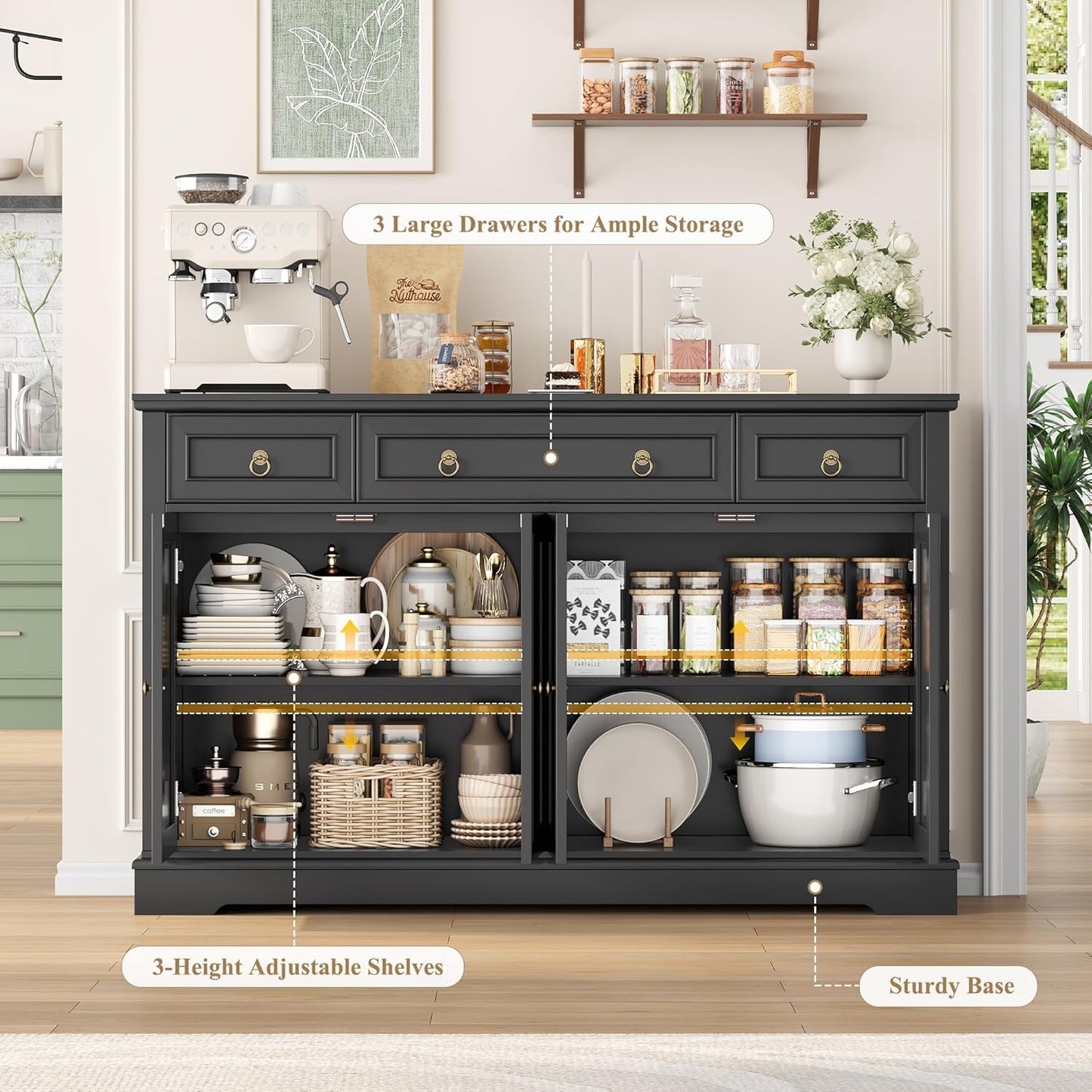 Buffet Cabinet with Storage, 52.7" Large Sideboard Buffet Table, Black Kitchen Cabinet with 3 Drawers and 4 Doors, Wood Coffee Bar for Kitchen Dining Room, Black