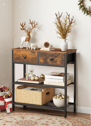 29.5" Narrow Console Table with Dual Fabric Drawers and Three-Tier Storage Shelves, Perfect for Living Room and Hallway, Rustic Brown and Black Finish