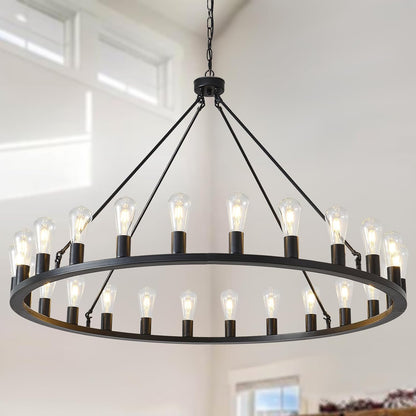 48-Inch Wagon Wheel Chandelier 24-Light, Extra Large Black Chandeliers, round Rustic Farmhouse Outdoor Chandelier for High Ceilings, Dining Room, Living Room, Foyer, E26