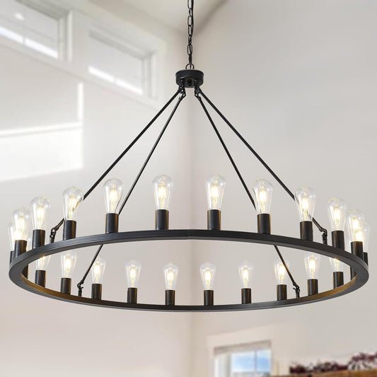 48-Inch Wagon Wheel Chandelier 24-Light, Extra Large Black Chandeliers, round Rustic Farmhouse Outdoor Chandelier for High Ceilings, Dining Room, Living Room, Foyer, E26