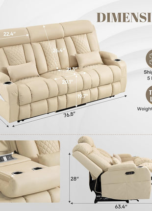 Zero Wall Hugger Power Reclining Sofa with Adjustable Headrest, Electric Reclining Couch Featuring Drop-Down Table and Outlets, Power Loveseat Recliner Sofa for Living Room and RV (Beige, 3-Seater)