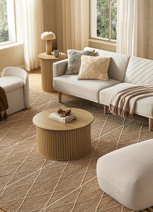 Quin Round Fluted Accent Table in Light Oak - Mid-Century Modern Pedestal Side Table for Living Room and Bedroom