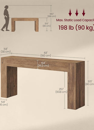 Farmhouse-Inspired Entryway Console Table with Sturdy Thick Top, Easy Assembly, Dimensions: 11.8 x 63 x 31.5 Inches, Honey Brown Finish