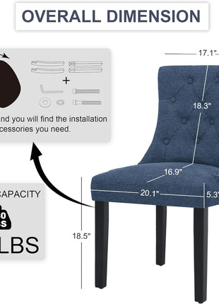 Set of 2 Upholstered Tufted Dining Chairs with Nailhead Trim and Solid Wood Legs in Dark Blue Fabric