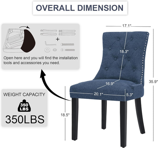 Upholstered Tufted Dining Chairs Set of 4, Fabric Side Dining Room Chairs with Nailhead Back Ring Pull Trim Solid Wood Legs, Dark Blue