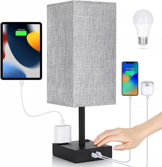 Bedside Table Lamp for Bedroom - Touch Small Lamp with USB C+A Charging Ports & AC Outlets, 3 Way Dimmable Nightstand Light for Living Room (LED Bulb Included, Grey)