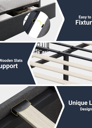 Full Size Upholstered Platform Bed Frame with 3 Storage Drawers, Wooden Slat Support, No Box Spring Required, Noise-Free Design, Easy Assembly, Dark Grey