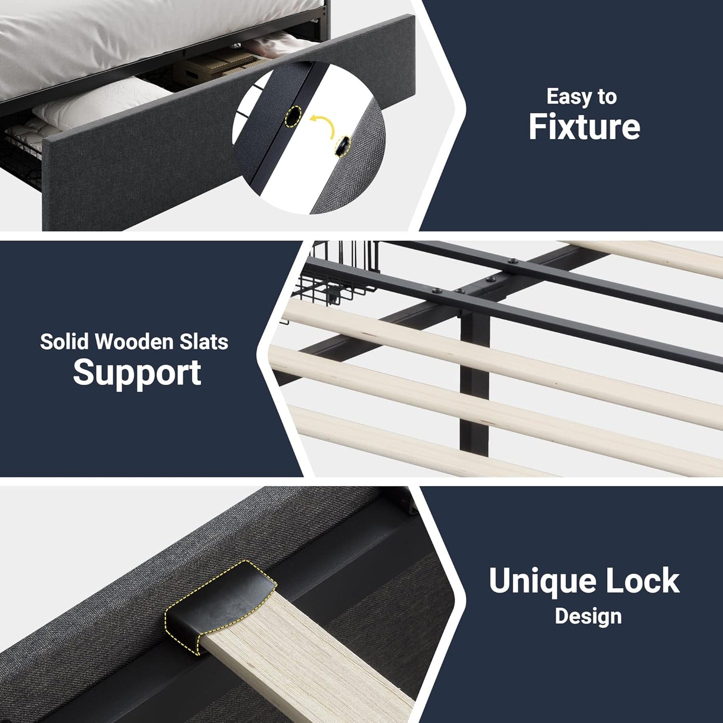 Queen Size Platform Bed Frame with 3 Storage Drawers, Fabric Upholstered, Wooden Slats Support, No Box Spring Needed, Noise Free, Easy Assembly, Dark Grey