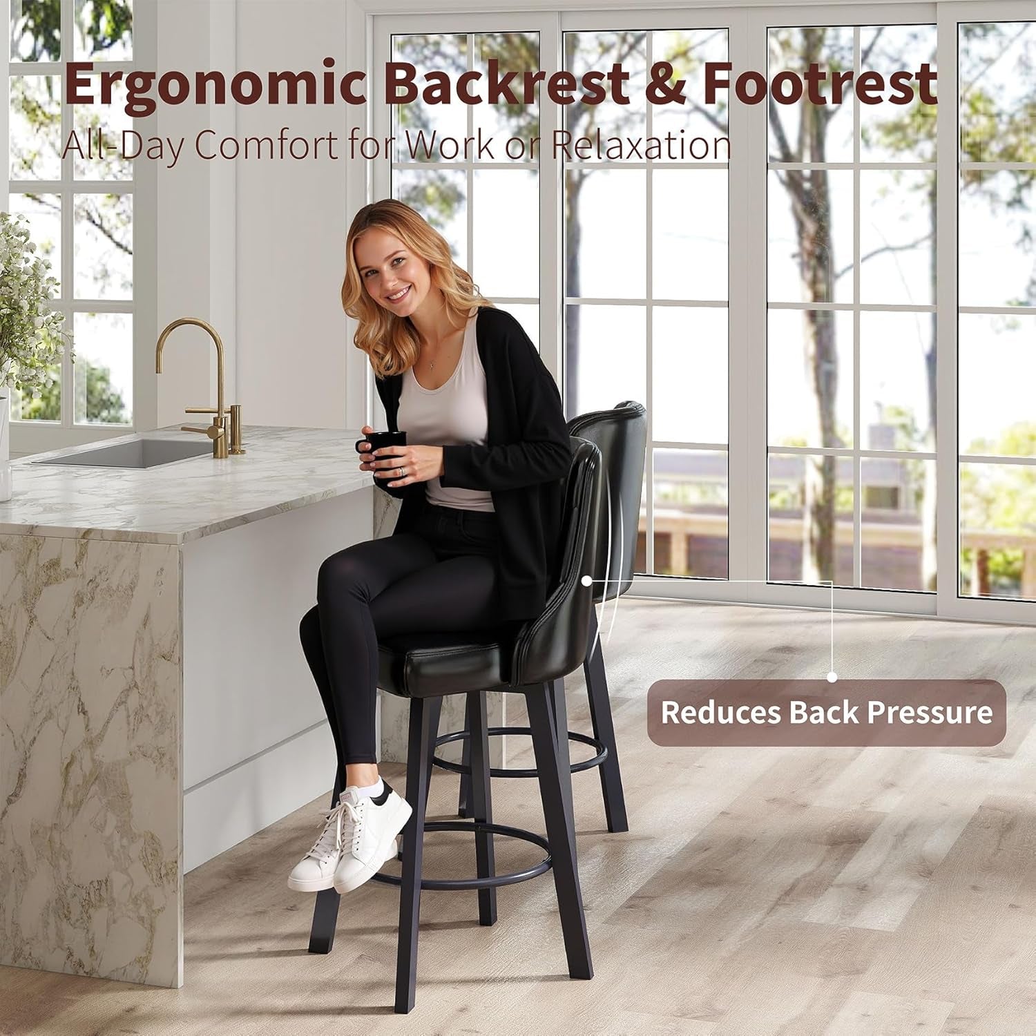 Swivel Barstools Set of 2, 26’’H Modern Counter Height Barstool with Metal Legs,Faux Leather Upholstered Bar Stools with Back for Kitchen Island, Dining Room, Pub - Black 2PACK