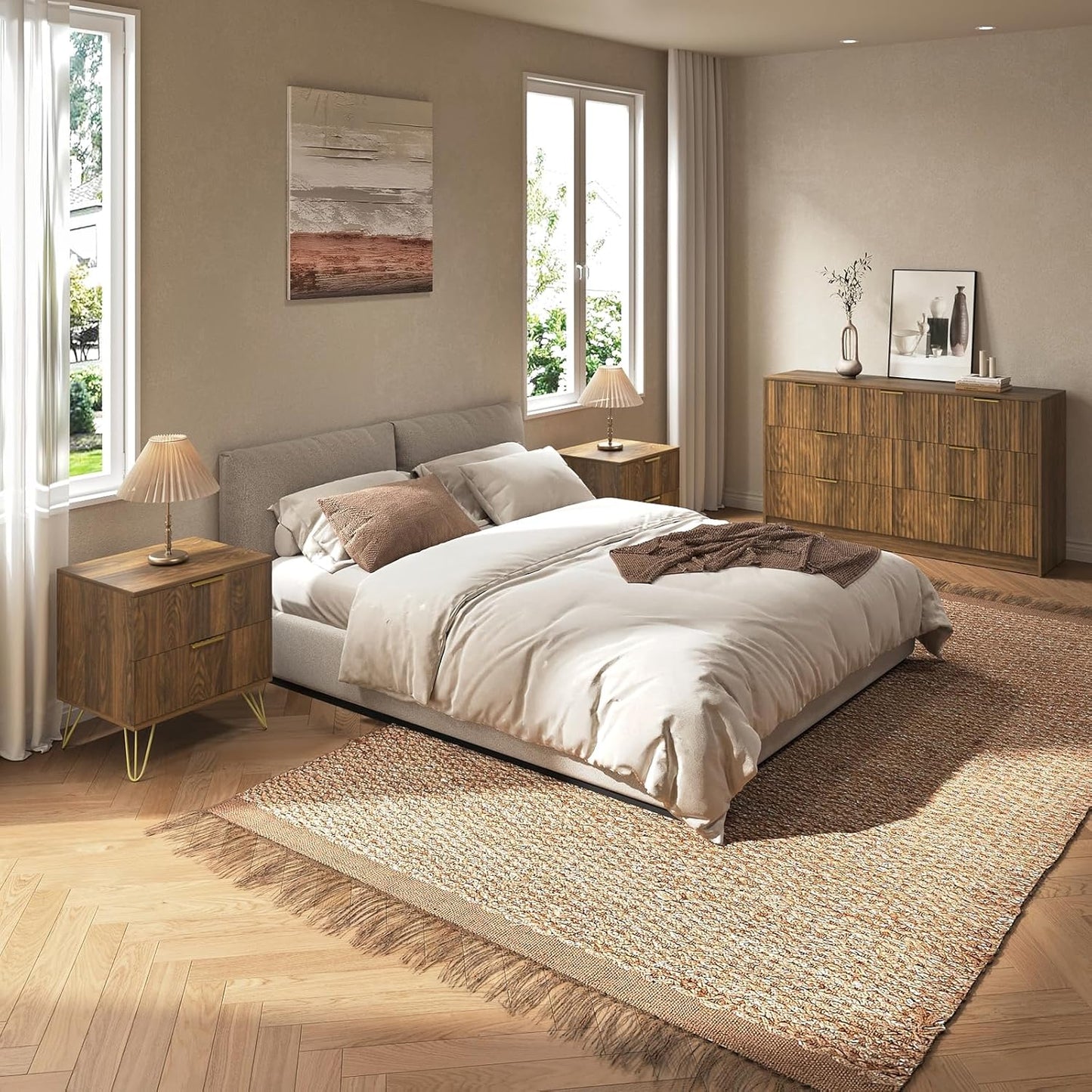 7 Drawer Dresser and Nightstand Sets for Bedroom, 3 Pcs Bedroom Set，Night Stand Set of 2 & 7 Drawer Dresser with Gold Handles, Wood Chest of Drawers Mid Century Storage Cabinet Set, Natural