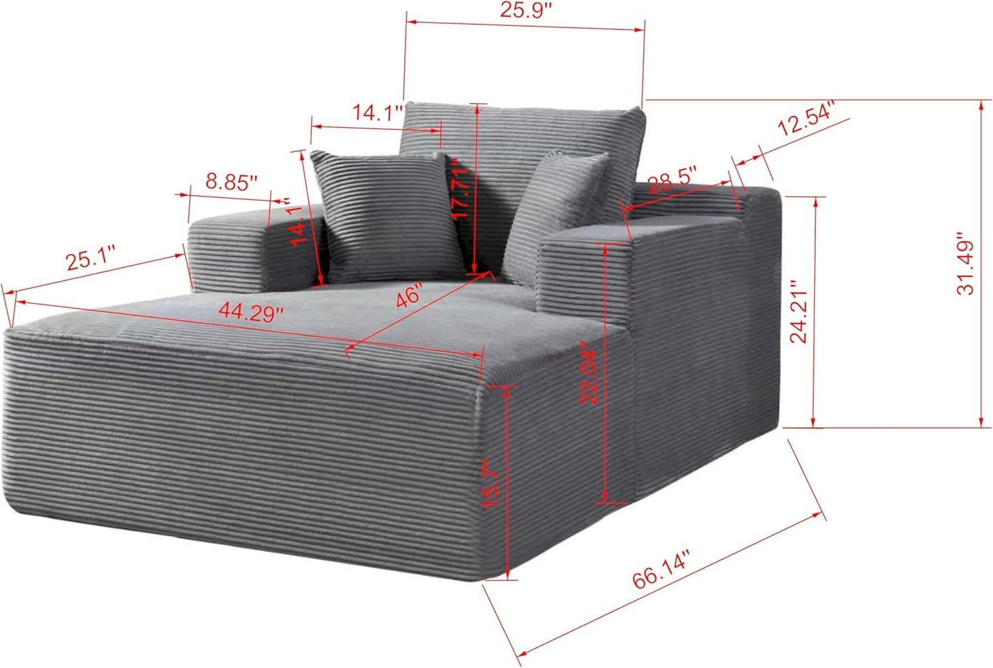 Monroe Convertible Chaise Lounge Chair Indoor – Oversized Corduroy Couch with Wide Armrest & Throw Pillows, Cozy Boneless Sleeper Sofa Bed Armchair, Beige