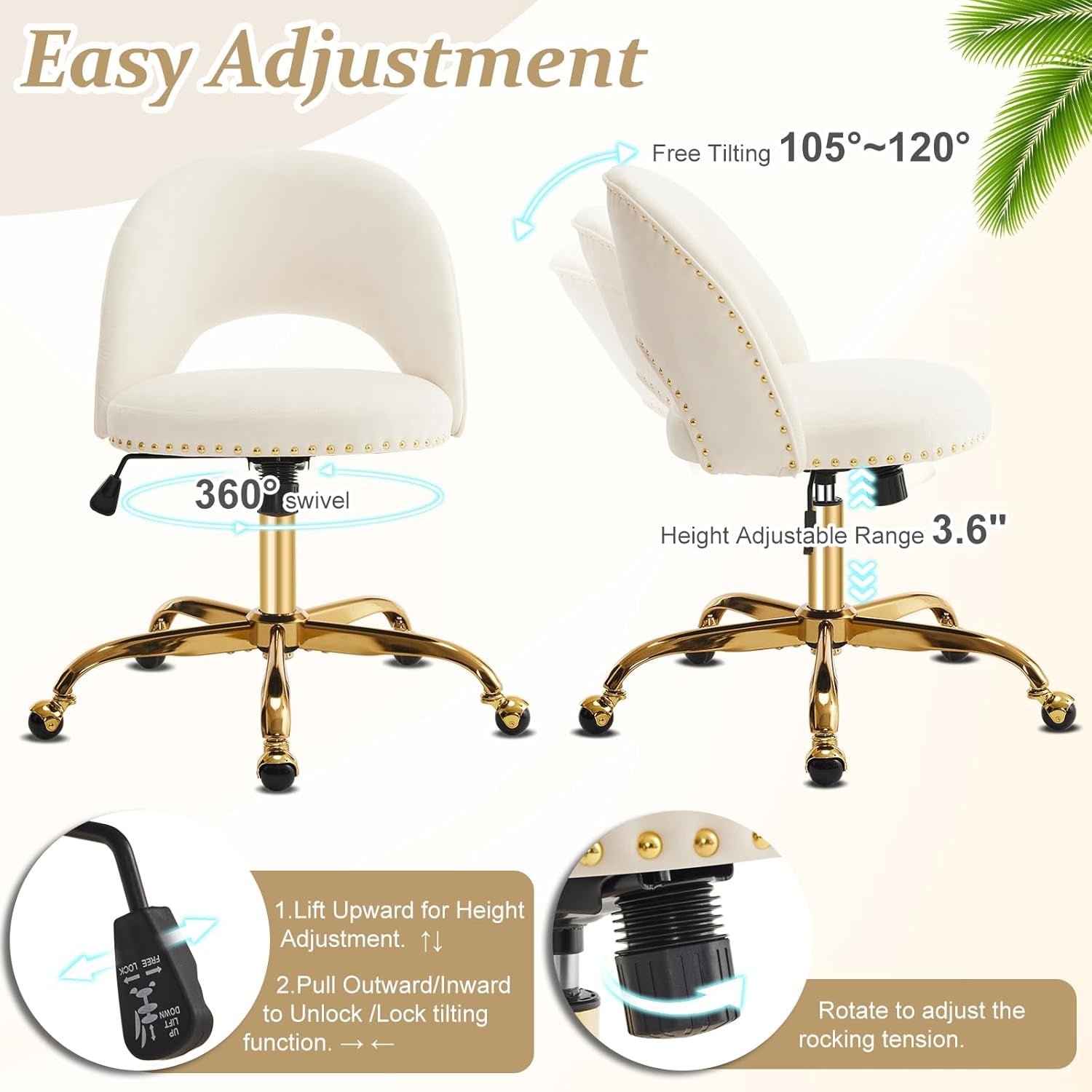 Modern Velvet Small Office Chair,Cute Desk Chair with Wheels,Gold Base/Studs, Comfy Armless Swivel Vanity Task Chair for Women/Girl/Kids, Nail Tech Chair for Bedroom,Small Space,White