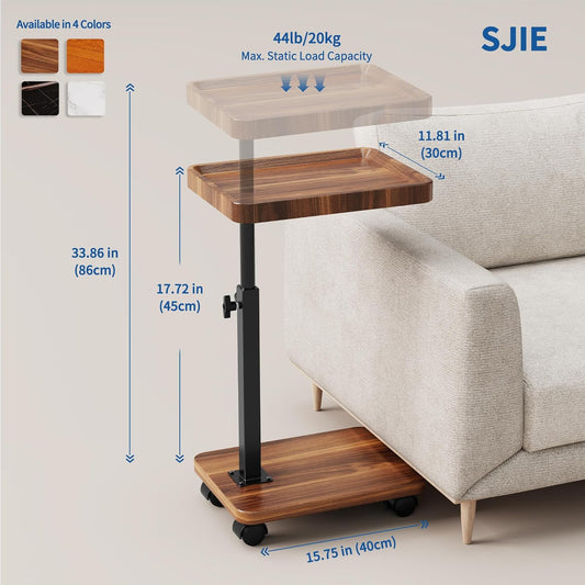 C Table End Table Adjustable Height, 360°Swivel TV Tray Table for Small Spaces, Side Tables with Wheels for Living Room and Bedroom, Bed (Walnut) | Adjustable Height, 360°Swivel, for Small Spaces, Couch Tables, That Slide Under, with Wheels