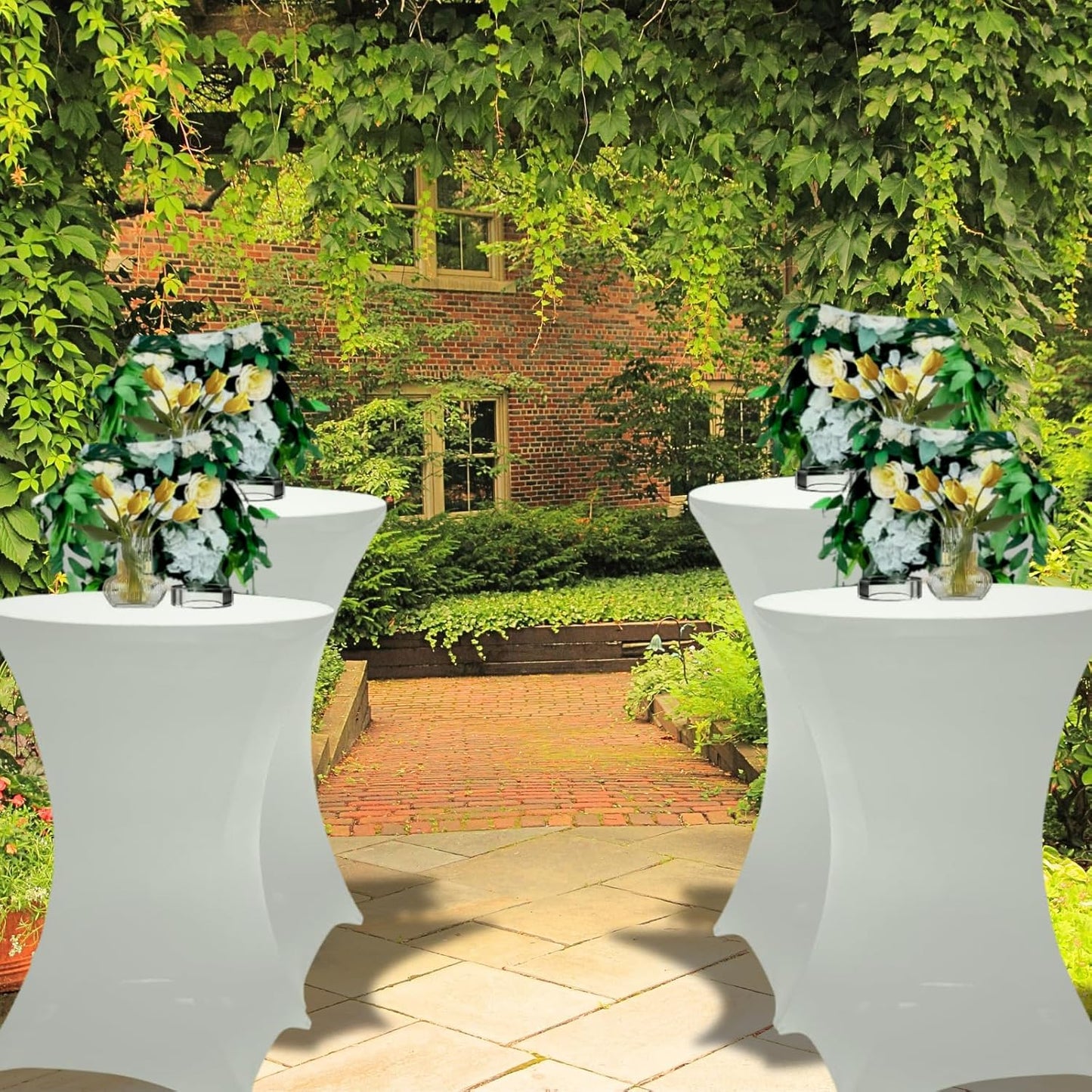 2Sets 32In Hightop Folding Cocktail Tables+Covers, White-Spandex Stretch Folding Bar Table Covers, Removable Legs Bar Height Folding Table Outdoor Indoor Use (2+2White/2Covers+2Tables)