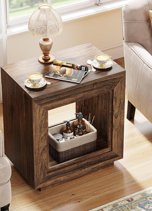 Rustic Wood End Table with Storage Shelf - 2-Tier Square Side Table for Living Room and Entryway (Rustic Brown)