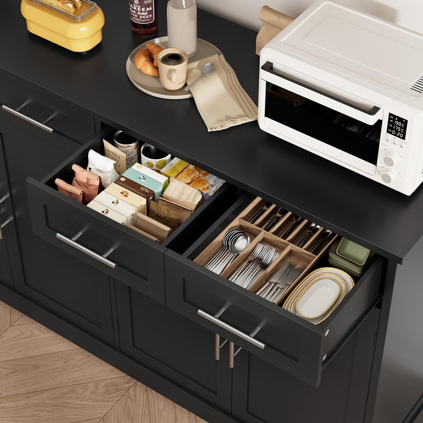 60" Large Buffet Sideboard with Storage, 36" Tall Kitchen Buffet Storage Cabinet with 4 Drawer, Modern Coffee Bar Cabinet with Silver Handle, Long Sideboard Buffet Table for Kitchen, Black