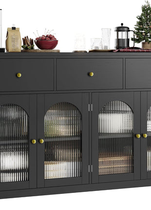 55.1" Farmhouse Buffet Cabinet with Storage Solutions, Featuring 3 Drawers and 4 Doors, Black Wood Sideboard for Kitchen and Coffee Bar