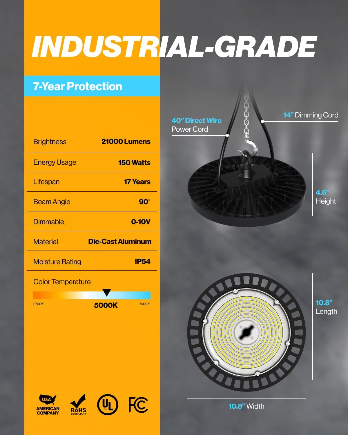 Sunco UFO LED High Bay Light, 150W, 21000 Lumens 5000K 100-277V Dimmable 0-10V, Ultra Bright Commercial Shop Lights for Warehouse, Factory, Workshop, Garage & Barn, Ceiling Mount, UL 2 Pack