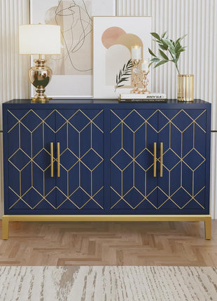 48-Inch Modern Accent Cabinet with Four Doors and Shelves, Gold Trim Sideboard Buffet for Living Room, Kitchen, Dining Room, and Hallway in Blue