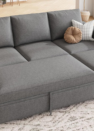 Elegant L-Shaped Modular Sectional Sleeper Sofa with Pull-Out Bed and Integrated Storage in Dark Grey
