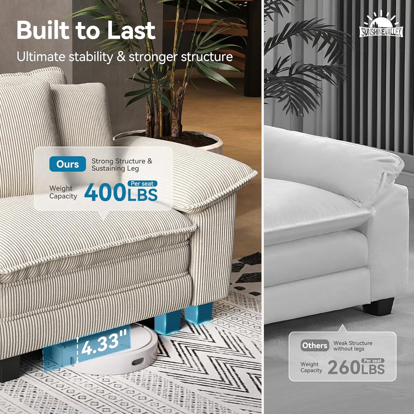 87.5'' Oversized Loveseat Couch and Chair Set, 3-Seat Corduroy Modern Modular Cloud Sofa with Pillow, 2 Piece Living Room Deep Sectional Sofa Furniture Set for Apartment, Beige