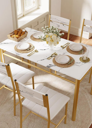 4-Person Wooden Dining Table Set with Upholstered Chairs, Space-Saving Design for Compact Dining Areas, White and Gold Finish