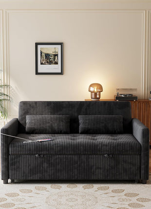 3-in-1 Convertible Loveseat Sofa Bed with Pull-Out Bed, USB Ports, and Pockets - Modern Corduroy Design for Living Room or Bedroom (Black)