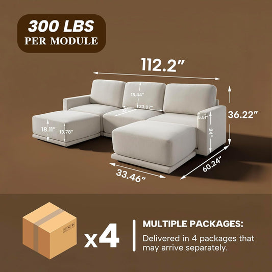 112" Modular Sectional Couches for Living Room, U-Shaped Modern Sofa with Ottomans, 5-Piece Chenille Sofa Set for Home Furniture, Beige