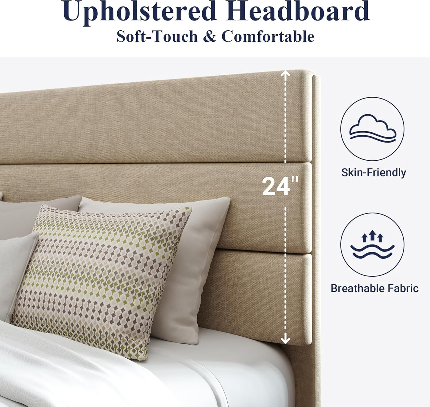 King Size Platform Bed Frame with Fabric Upholstered Headboard and Wooden Slats Support, Fully Upholstered Mattress Foundation/No Box Spring Needed/Easy Assembly, Beige