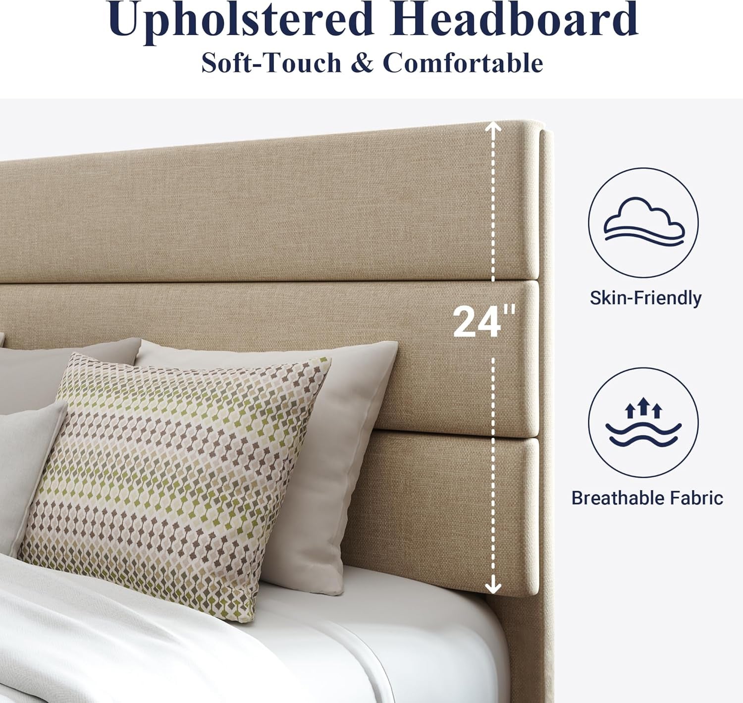 King Size Platform Bed Frame with Fabric Upholstered Headboard and Wooden Slats Support, Fully Upholstered Mattress Foundation/No Box Spring Needed/Easy Assembly, Beige