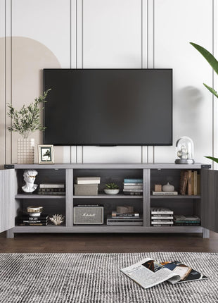 Contemporary Farmhouse TV Stand with Dual Barn Doors and Storage Cabinets for Televisions up to 65 Inches, 58-Inch Entertainment Center Console in Gray Wash Finish