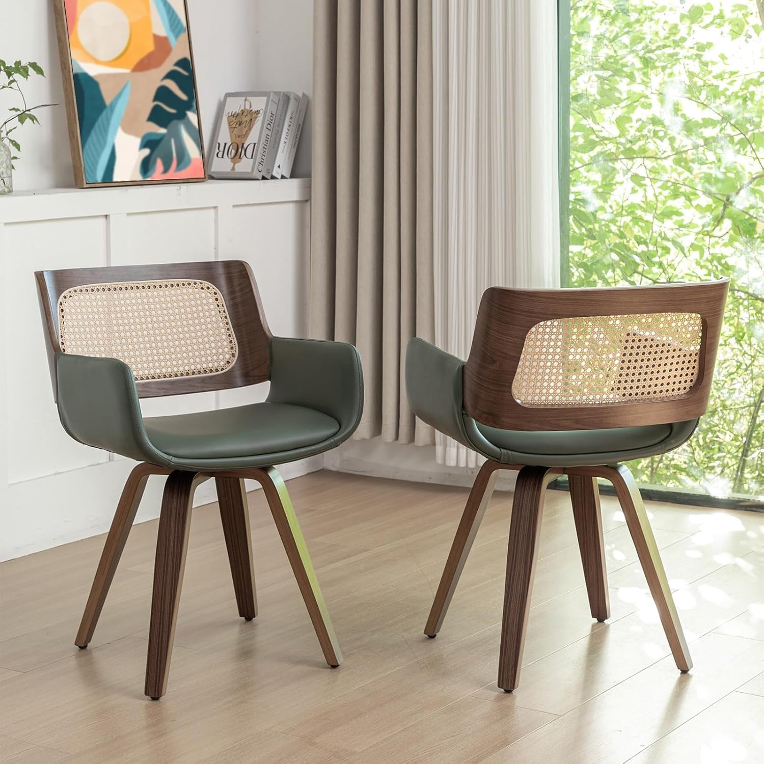 Set of 4 Dining Room Chairs with Arms - Swivel Cane Dining Chairs with Ergonomic Rattan Back, Walnut Bentwood Frame, Curved Arms, Versatile for Restaurant/Living Room/Kitchen (Walnut Green)