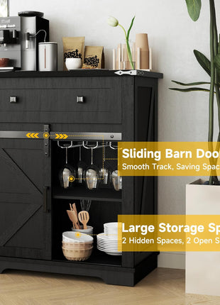 32-Inch Farmhouse Coffee Bar Cabinet with Sliding Barn Door and Drawers, Buffet Table with Storage, Kitchen Sideboard with Wine Glass Rack for Living and Dining Room, Black