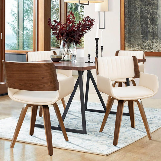 Swivel Accent Faux Leather Dining Chairs Set of 4,Mid Century Modern Chairs with Wooden Legs/Armrest/Upholstered Seat/Adjustable Foots for Kitchen Dining Room Desk Chairs,Beige