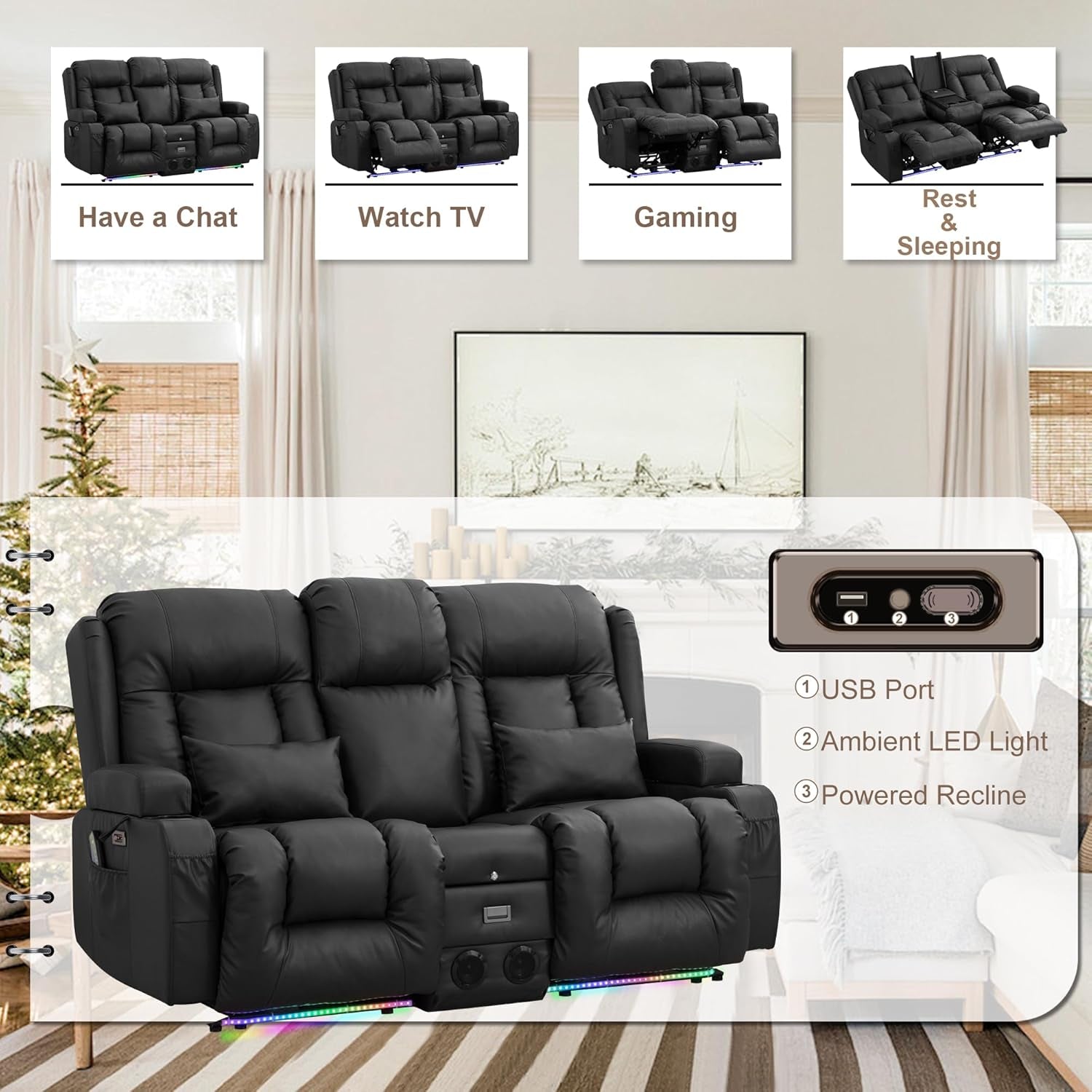 Power Loveseat Recliner Sofa with Massage & Heat Home Theater Seating with Console RV Recliner Loveseat Sofa with Usb/Outlet/Storage/Side Pocket/Led Light/Speaker (Black, Loveseat)