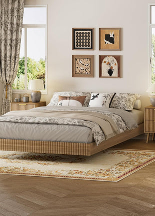 3-Piece Queen Bedroom Set with Floating Bed Frame, Smart LED Lighting, and Two Nightstands in Fluted Walnut Finish