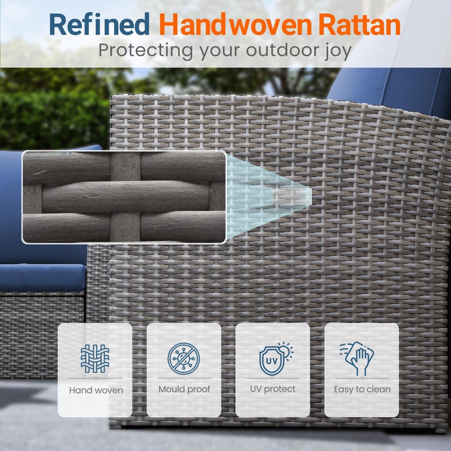 4 Piece Patio Furniture Set, Wicker Outdoor Patio Conversation Furniture Set, All Weather Outdoor Patio Sofa with Cushion and Glass Table, Navy Blue