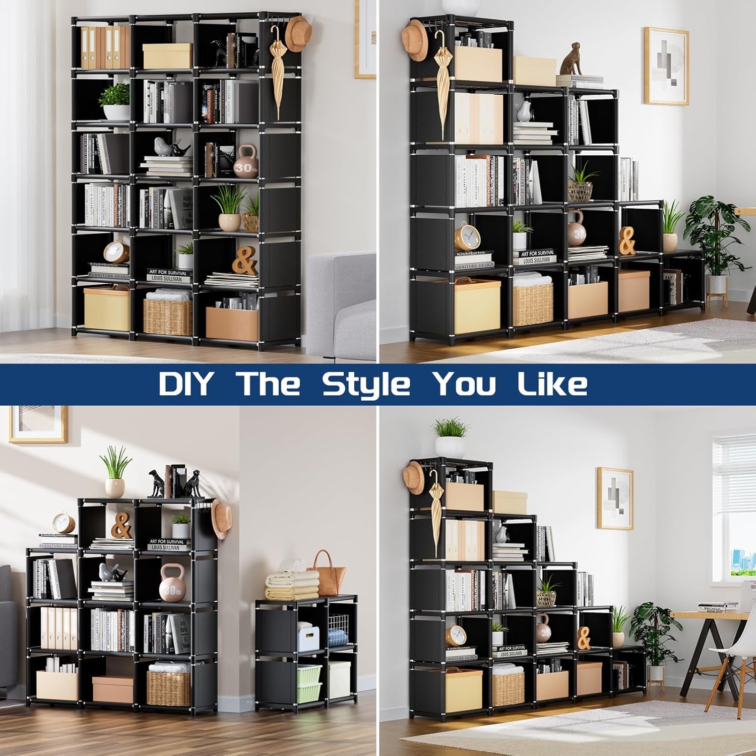Bookcase, 18-Cube Extra Large Book Shelf, DIY Cube Storage Organizer for Bedroom, Living Room, Home Office - Black