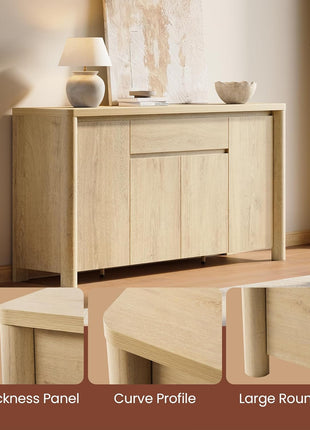 63" Sideboard Cabinet with Storage, Four-Door Buffet Cabinet with Drawer and Adjustable Shelves, Contemporary Wood Credenza Coffee Bar for Living and Dining Rooms, Natural Oak Finish