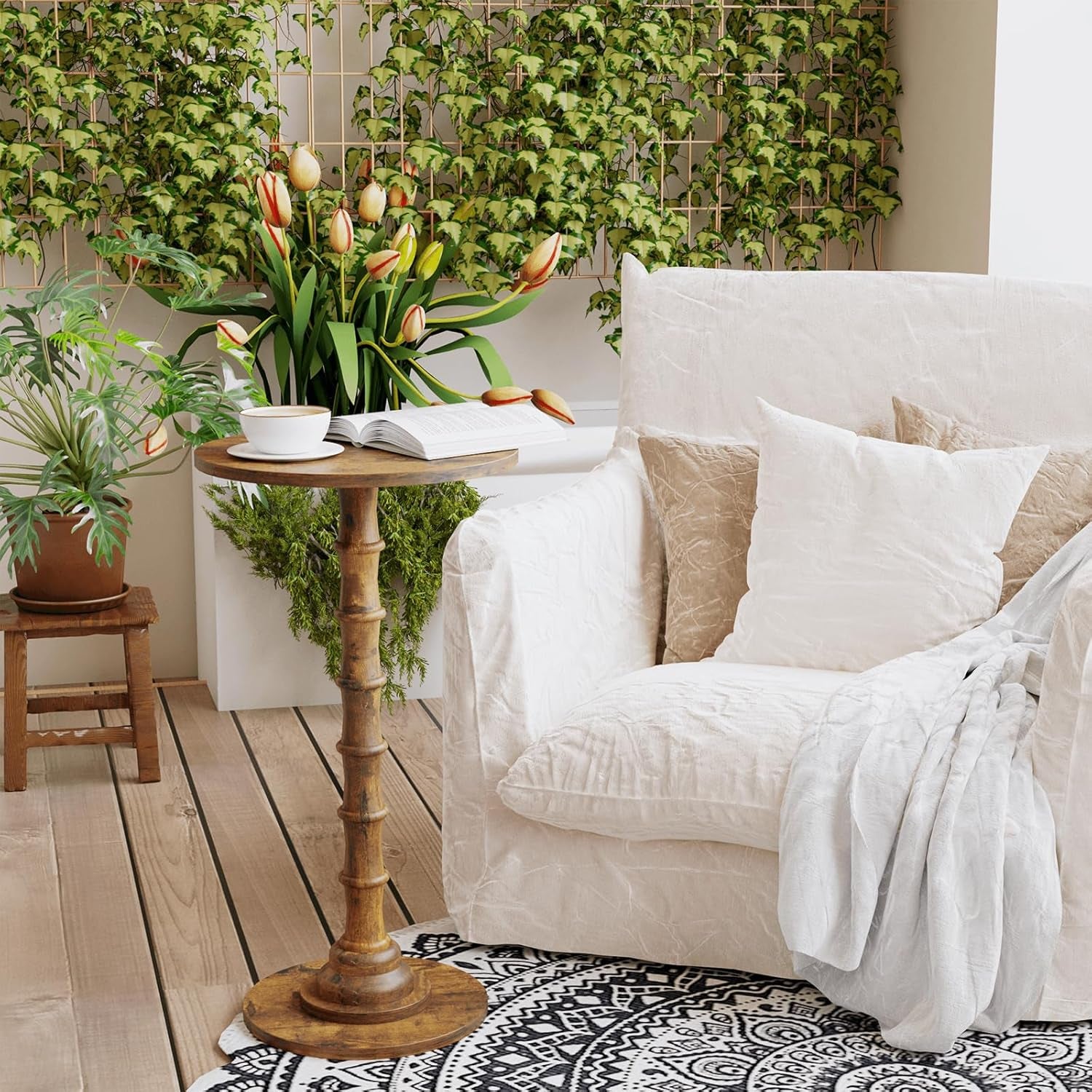 Round Side Table, Modern Drink Table for Small Spaces, Small End Table with Solid Wood Leg for Living Room, Bedroom, Corners, and Office (Rustic Brown)