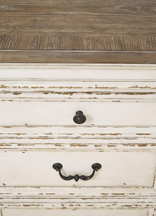 Signature Design by Ashley Realyn French Country Distressed Dining Room Server with Three Drawers and Two Cabinet Doors, Wood Construction, 59" W x 17" D x 36.5" H, Chipped White Finish