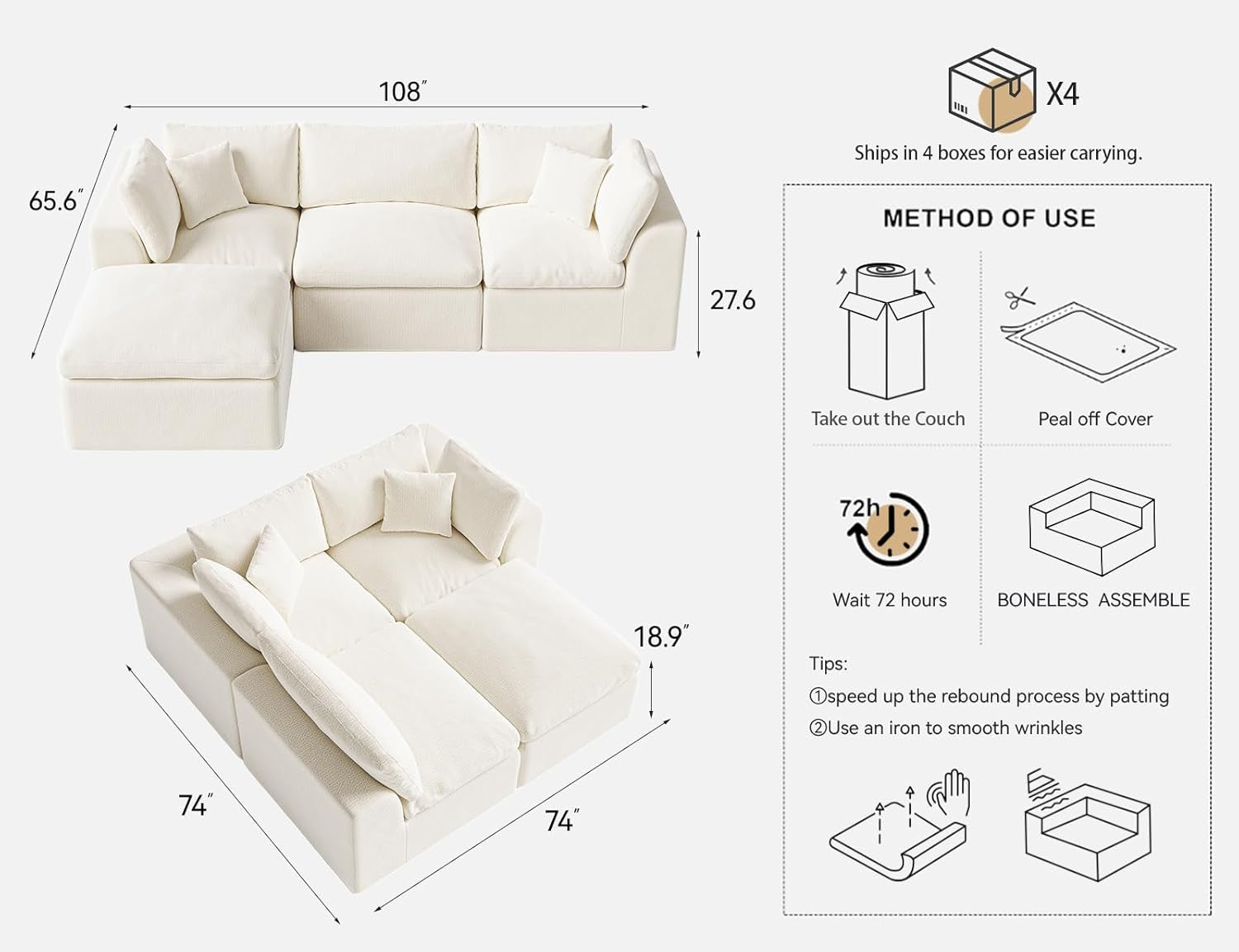 Cloud Sectional Couches for Living Room | 108 Inch L-Shaped Boneless Couch with Ottoman | Modular Sectionals Sofa Couch Ivory White