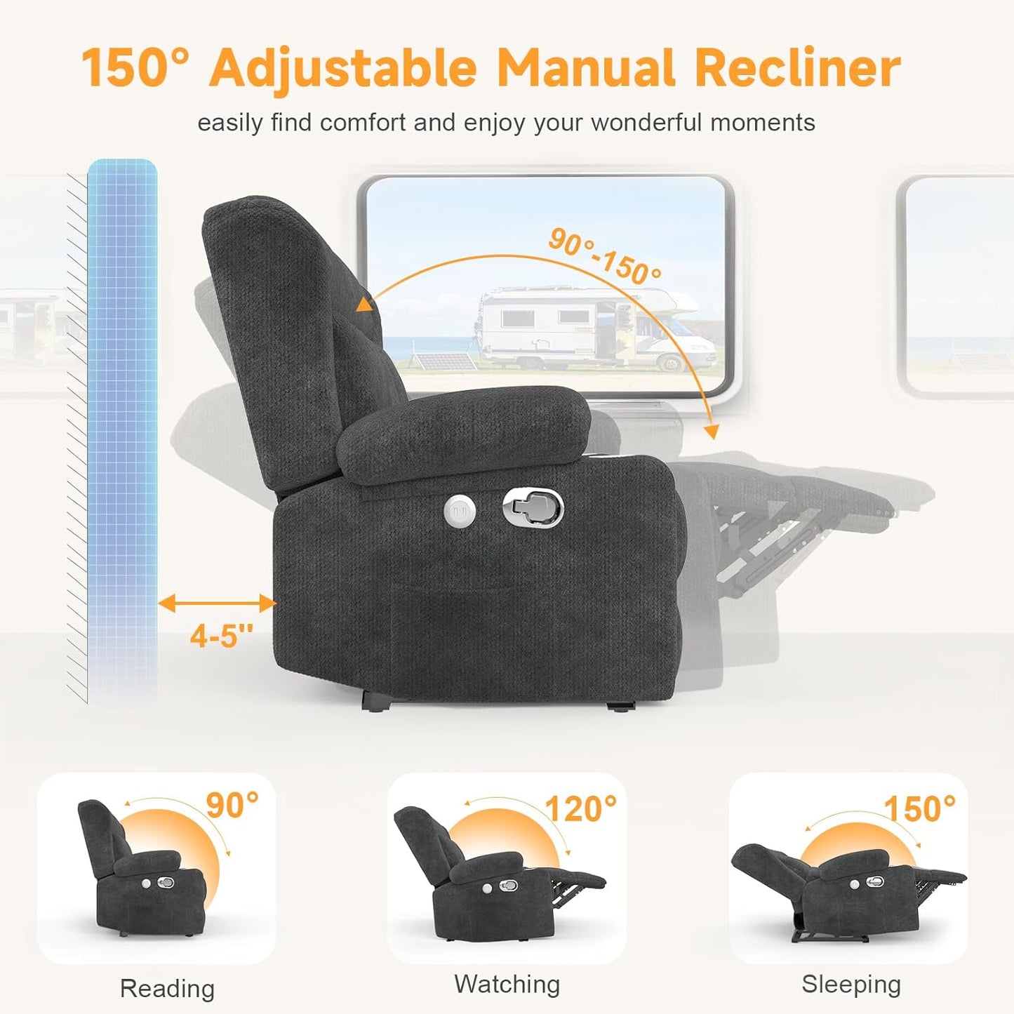 RV Loveseat Recliner Sofa, Wall Hugger Reclining Loveseat RV Couch with USB Ports, Cup Holders, Pockets, 150° Adjustable RV Furniture Velvet Fabric Recliners for Travel & Home Theater Seating