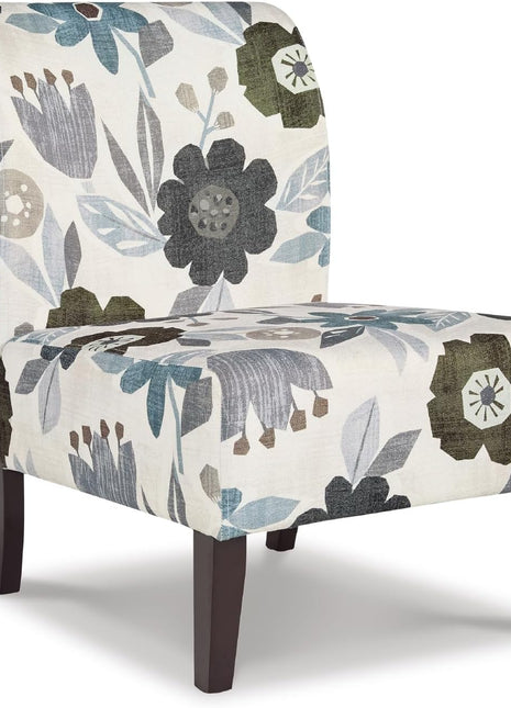 Triptis Floral Armless Accent Chair by Signature Design by Ashley, Fabric Upholstery with Attached Cushions, Wood Legs, 16.63" Seat Height, White, Blue, and Gray