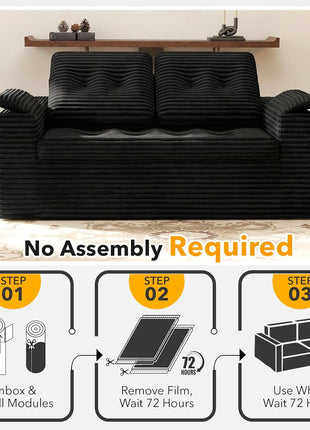 60-Inch Modern Boneless Loveseat Sofa with Removable Corduroy Cover and Armrests, Ideal for Small Spaces, Black