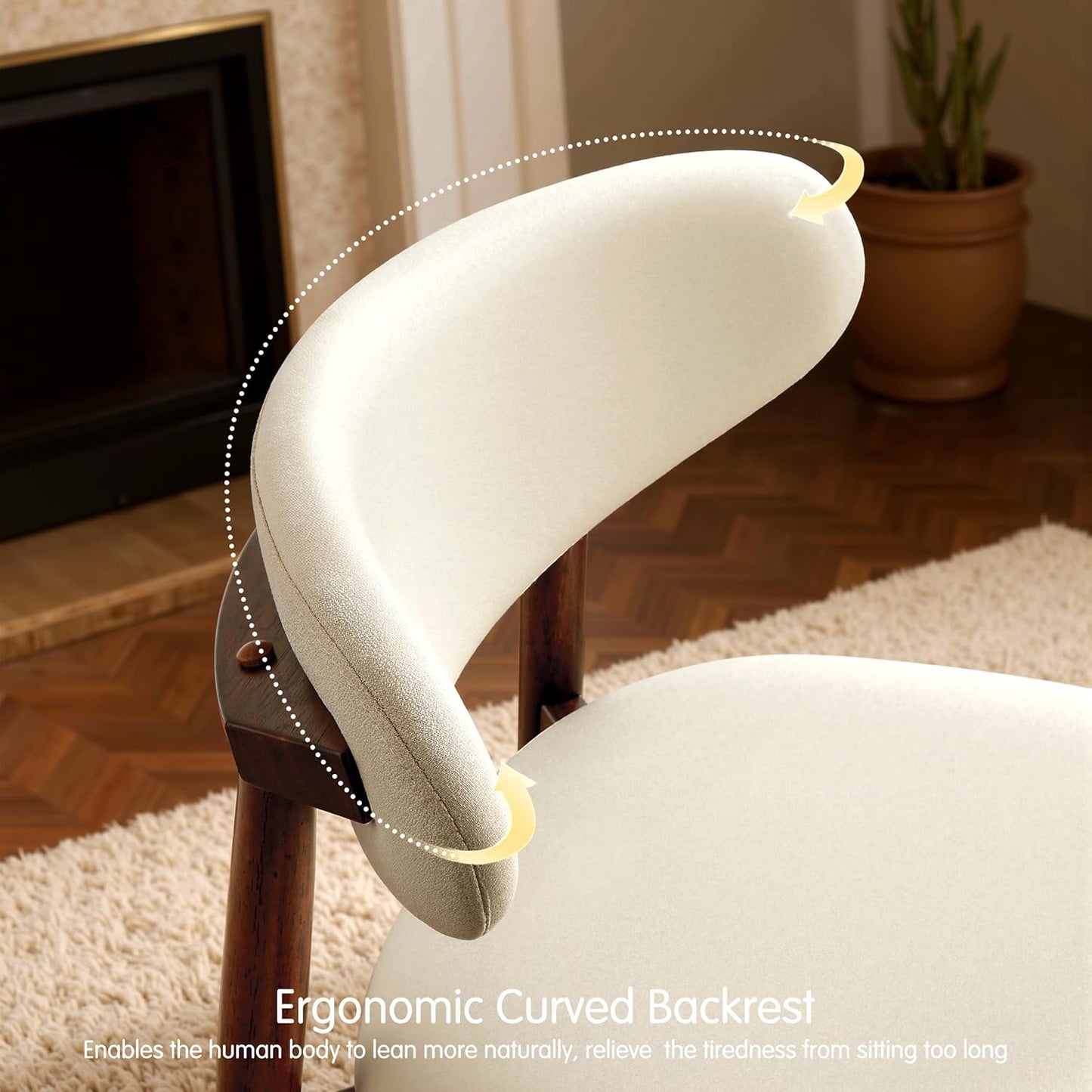 Dining Chairs Set of 4, Upholstered Wooden Dining Room Chairs, Mid Century Modern Fabric Kitchen Chair with Ergonomic Curved Backrest, Beige (Only Chairs)