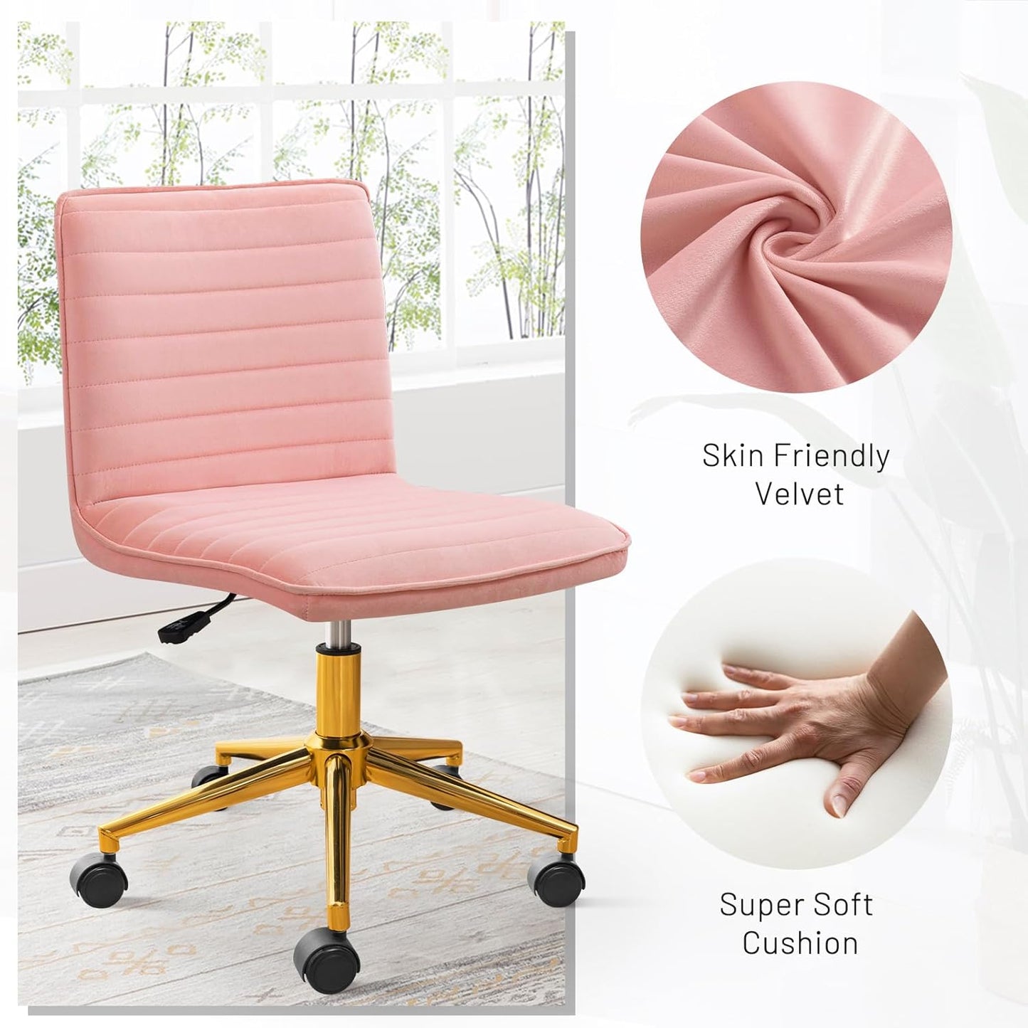 Armless Vanity Chair with Wheels, Computer Rolling Desk Chair with Back, Pink Office Chair with Height Adjustable Soft Velvet Fabic Gold Metal Base Stool,Pink