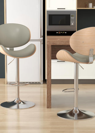 Set of 4 Adjustable Height Swivel Bar Stools with Footrest, PU Leather Upholstery and Bentwood Design for Kitchen, Bar, and Dining Room (Grey)