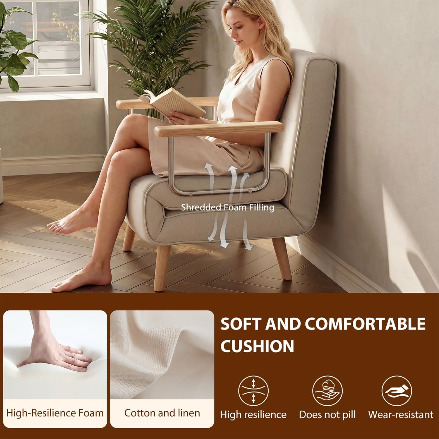 3 in 1 Convertible Sleeper Sofa Bed - Portable Rollaway Guest Bed Space-Saving Foldable Design for Easy Storage Futon Chair with 6-Level Adjustable Backrest for Guest Room Apartment Dorm, Cream Beige